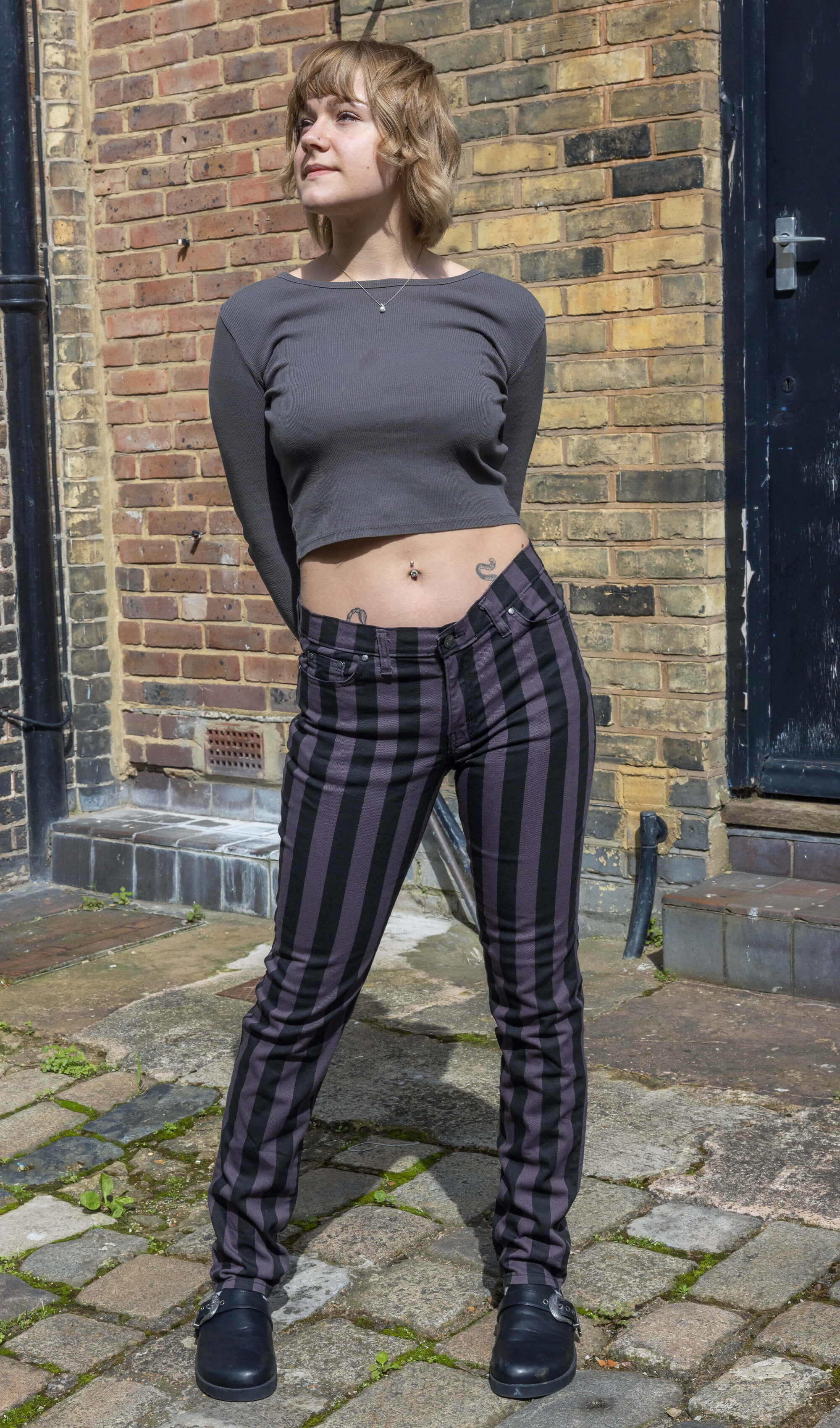 Black & Grey 1" Striped Mid Rise Stretch Skinny Jeans - Image 4