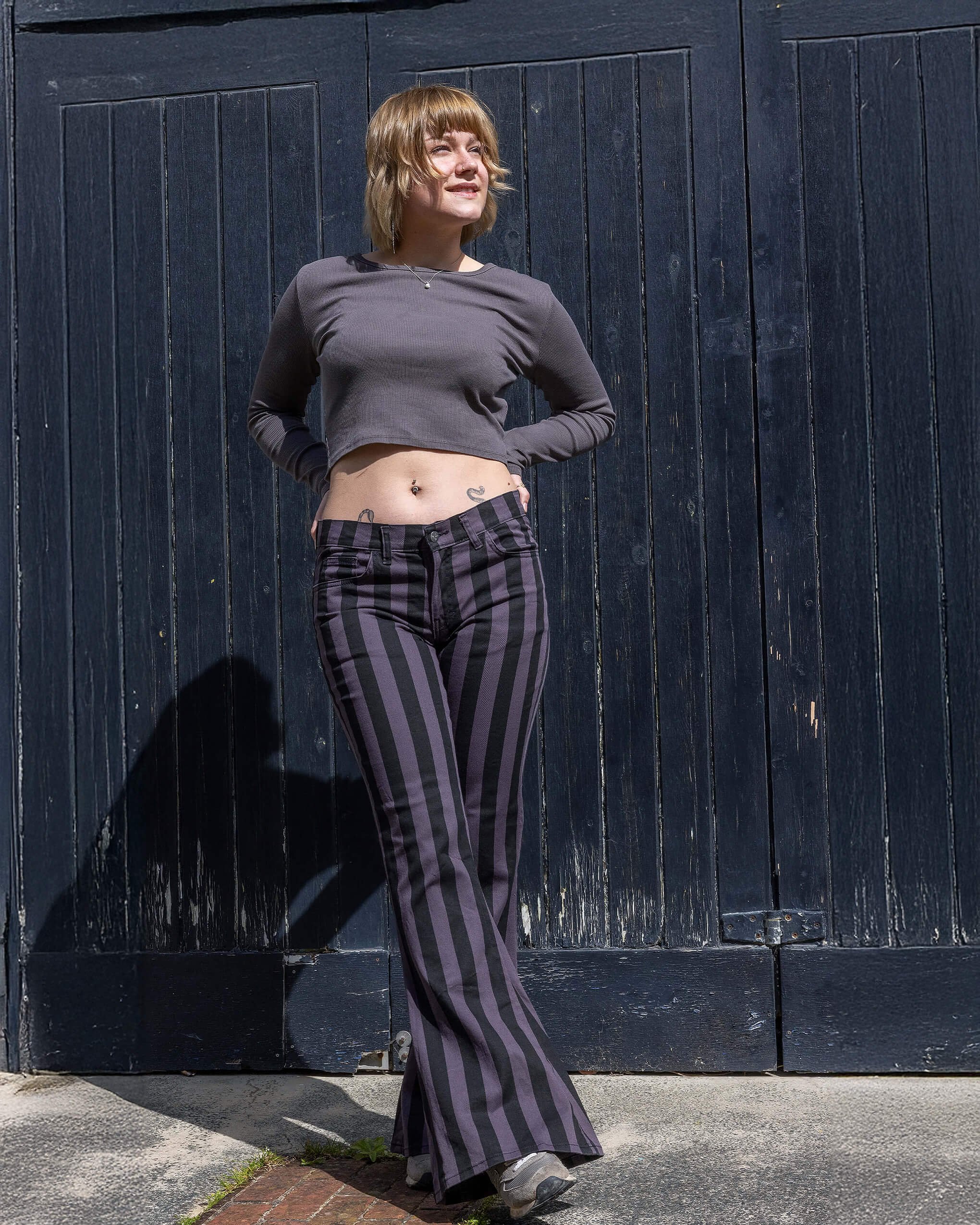 Black & Grey Striped Bell Bottom Stretch Super Flares - Image 8