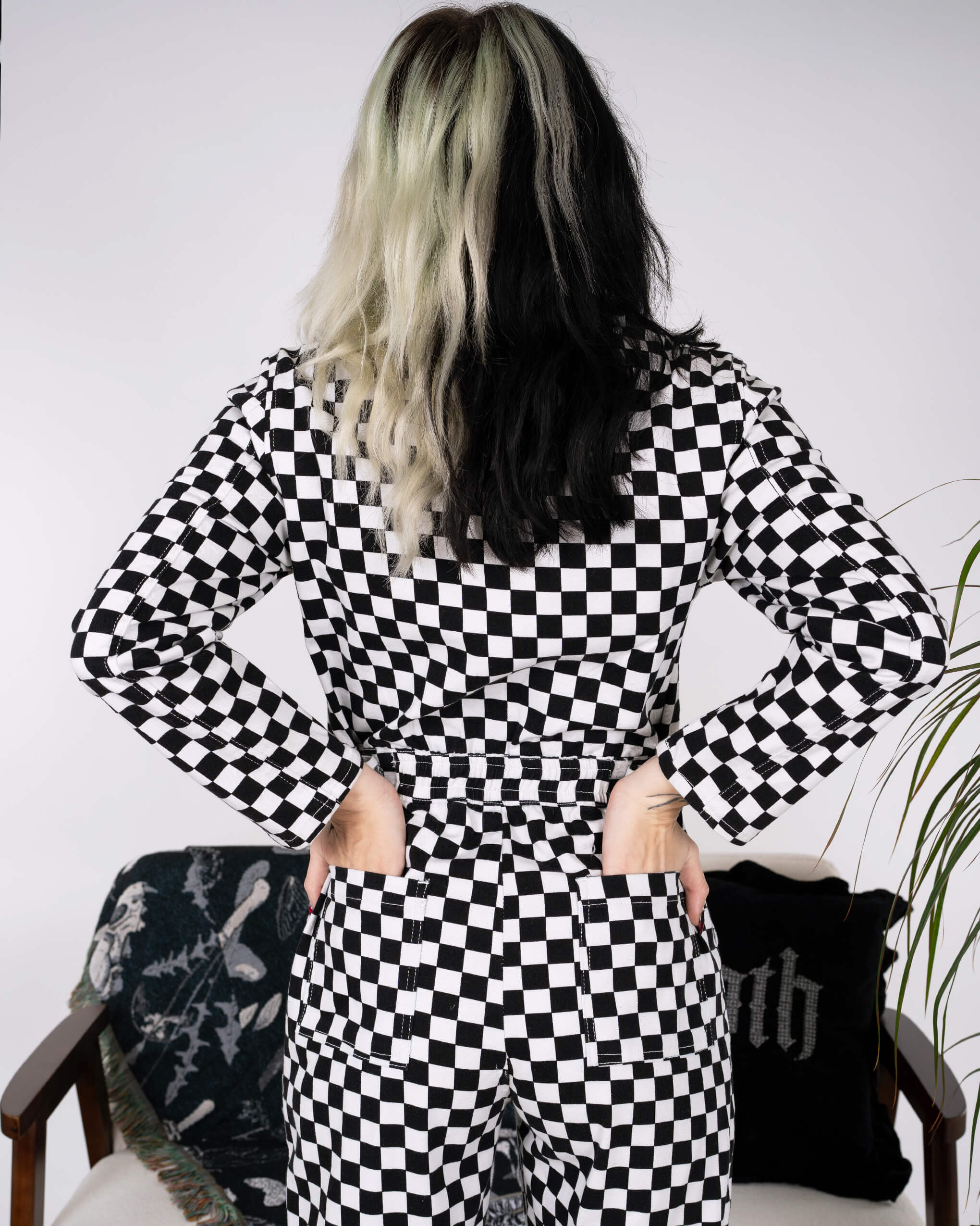 Black & White Checkerboard Stretch Twill Boiler Suit - Image 10