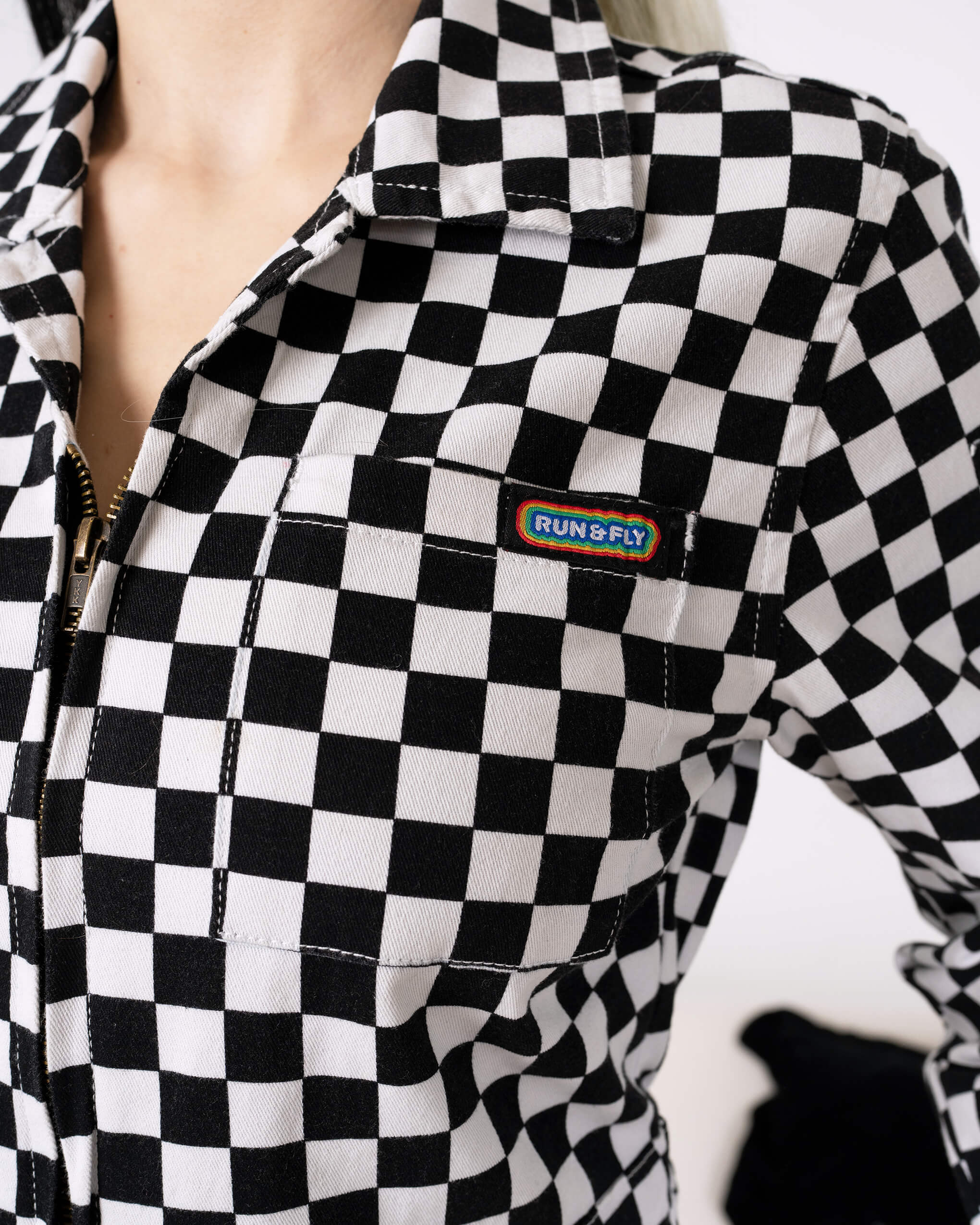 Black & White Checkerboard Stretch Twill Boiler Suit - Image 3