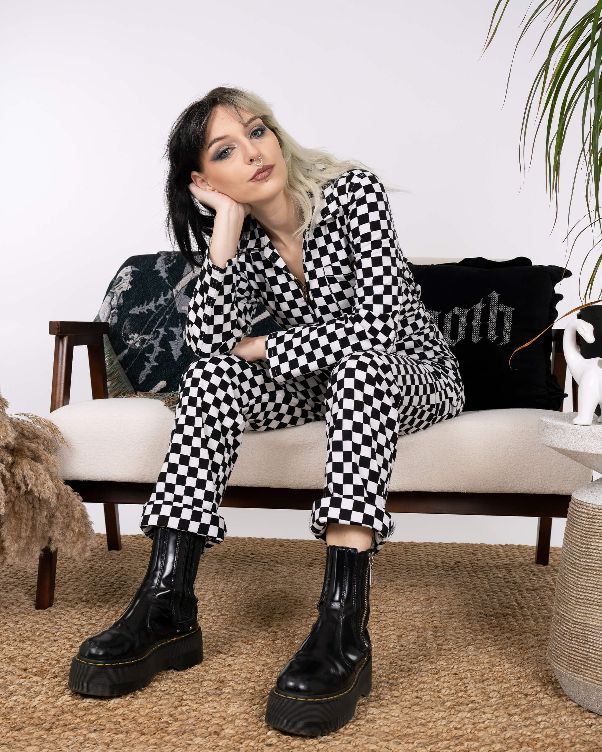 Black & White Checkerboard Stretch Twill Boiler Suit - Image 4