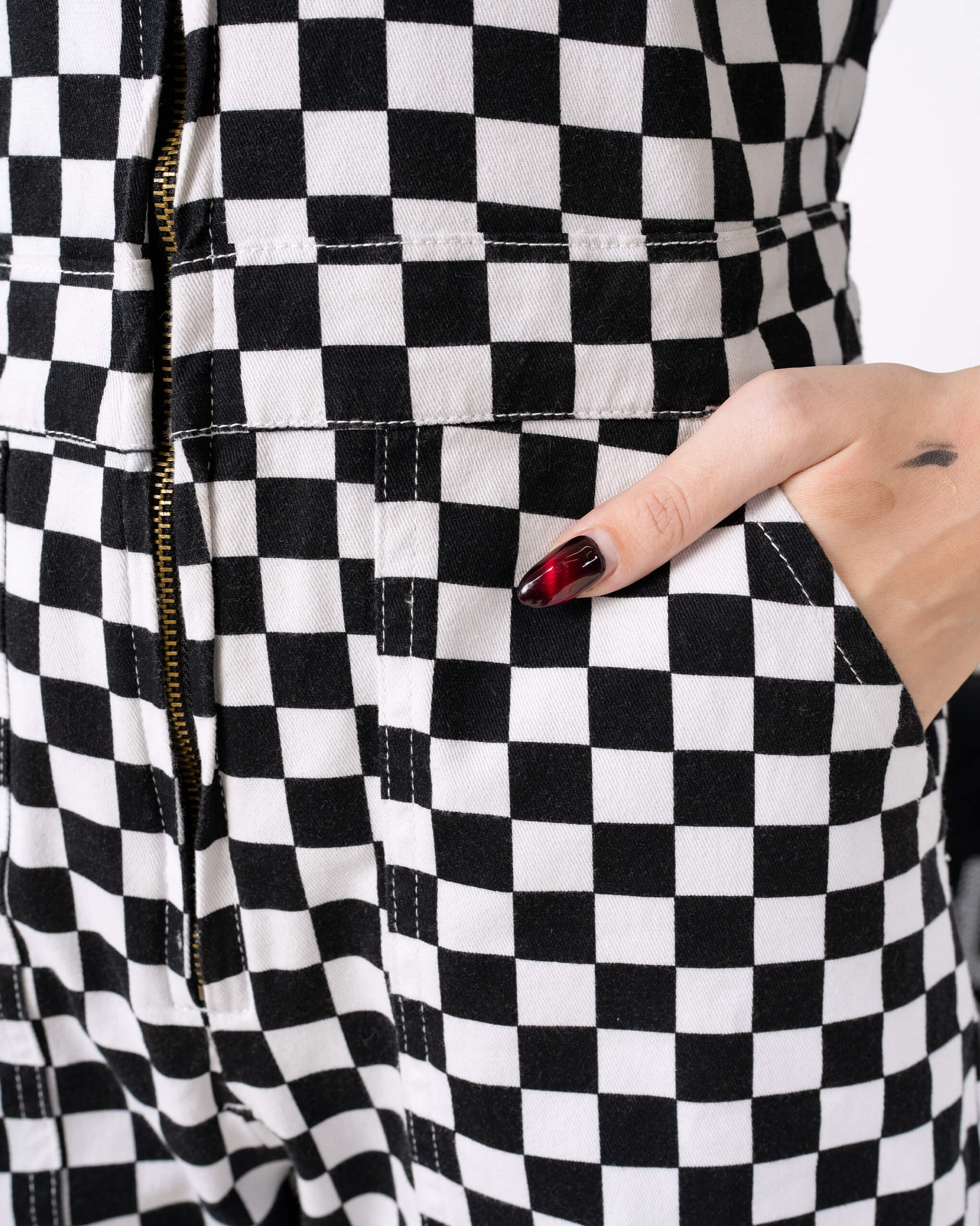 Black & White Checkerboard Stretch Twill Boiler Suit - Image 5