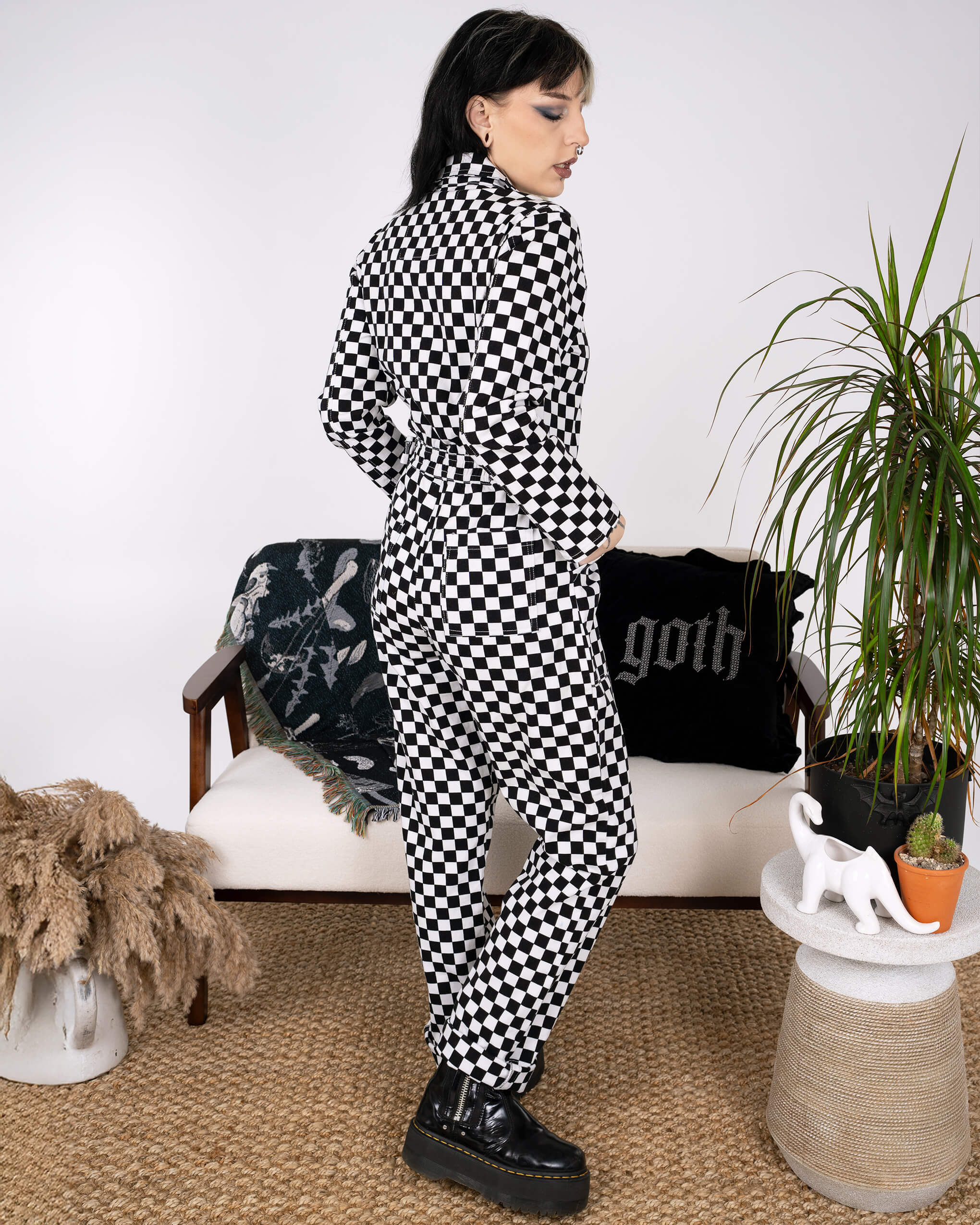 Black & White Checkerboard Stretch Twill Boiler Suit - Image 8
