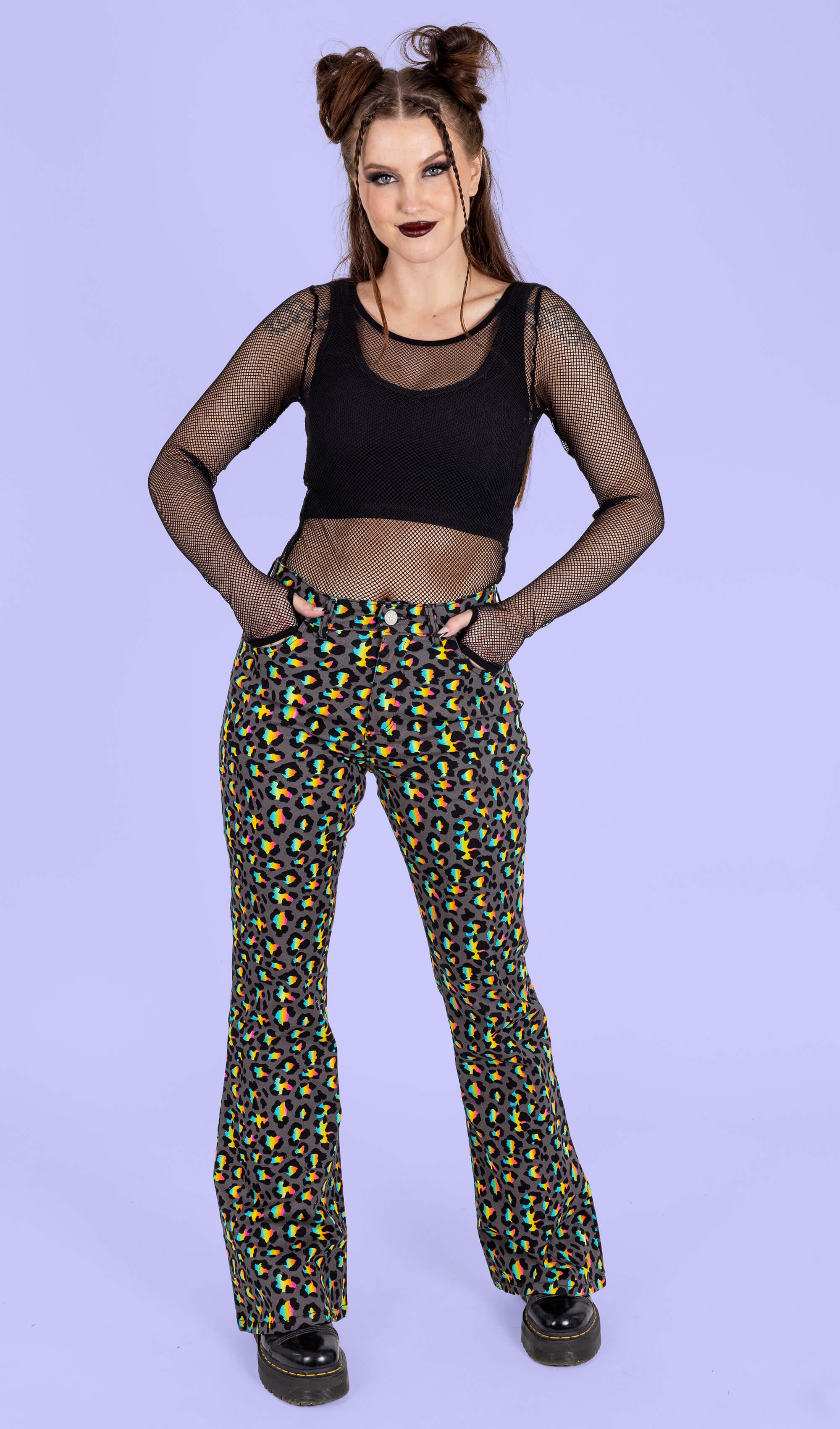 Grey Rainbow Leopard Print Bell Bottom Flares - Image 5
