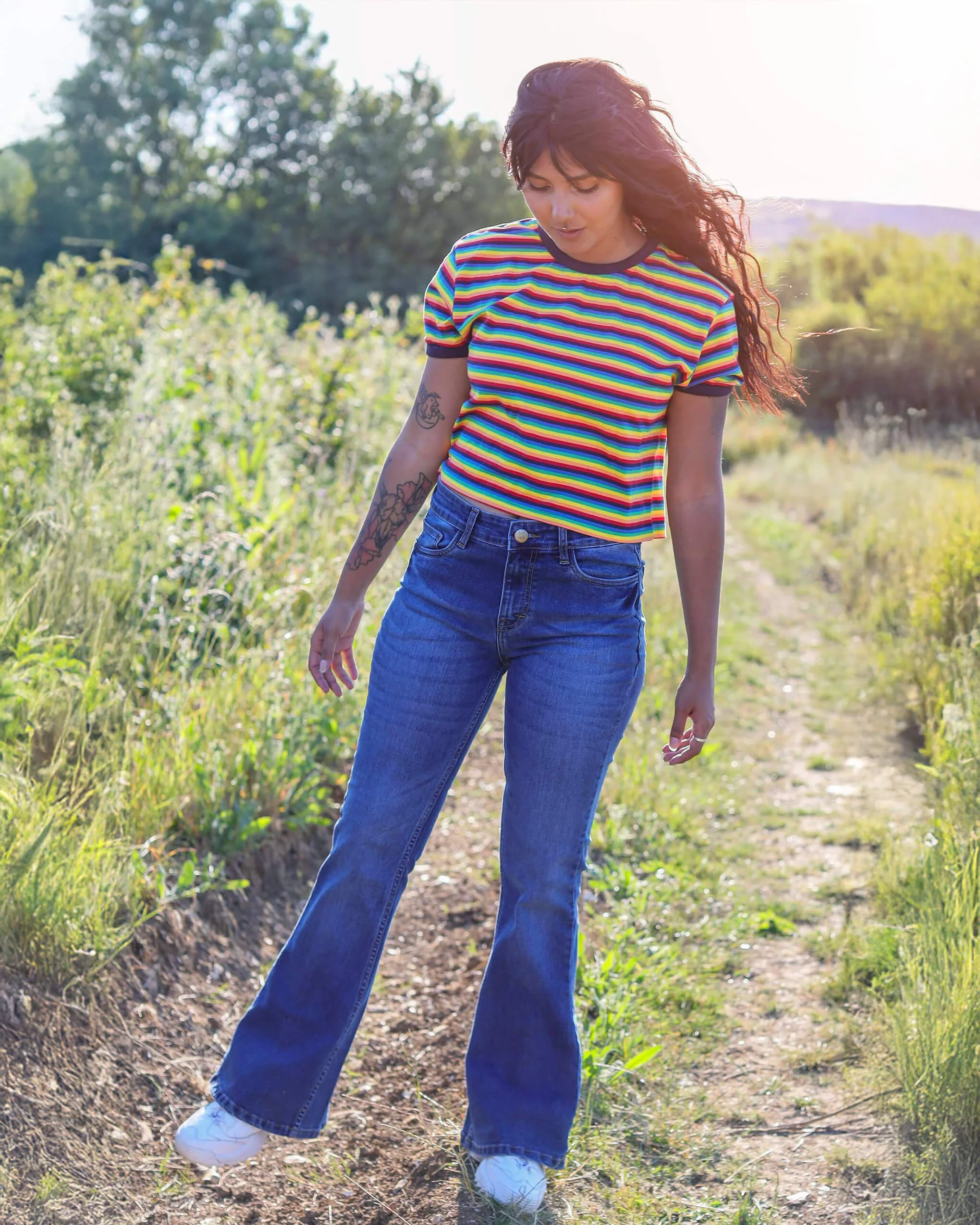 Stone Wash Blue Distress Stretch Denim Rock N Roll Bell Bottom Flares - Image 6