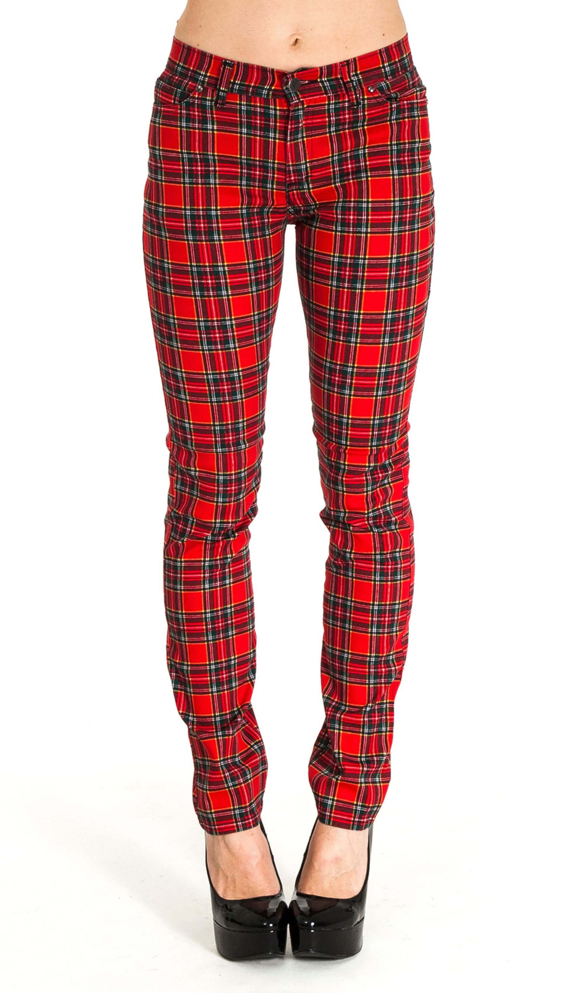 Mid Rise Red Tartan Stretch Skinny Jeans - Image 4