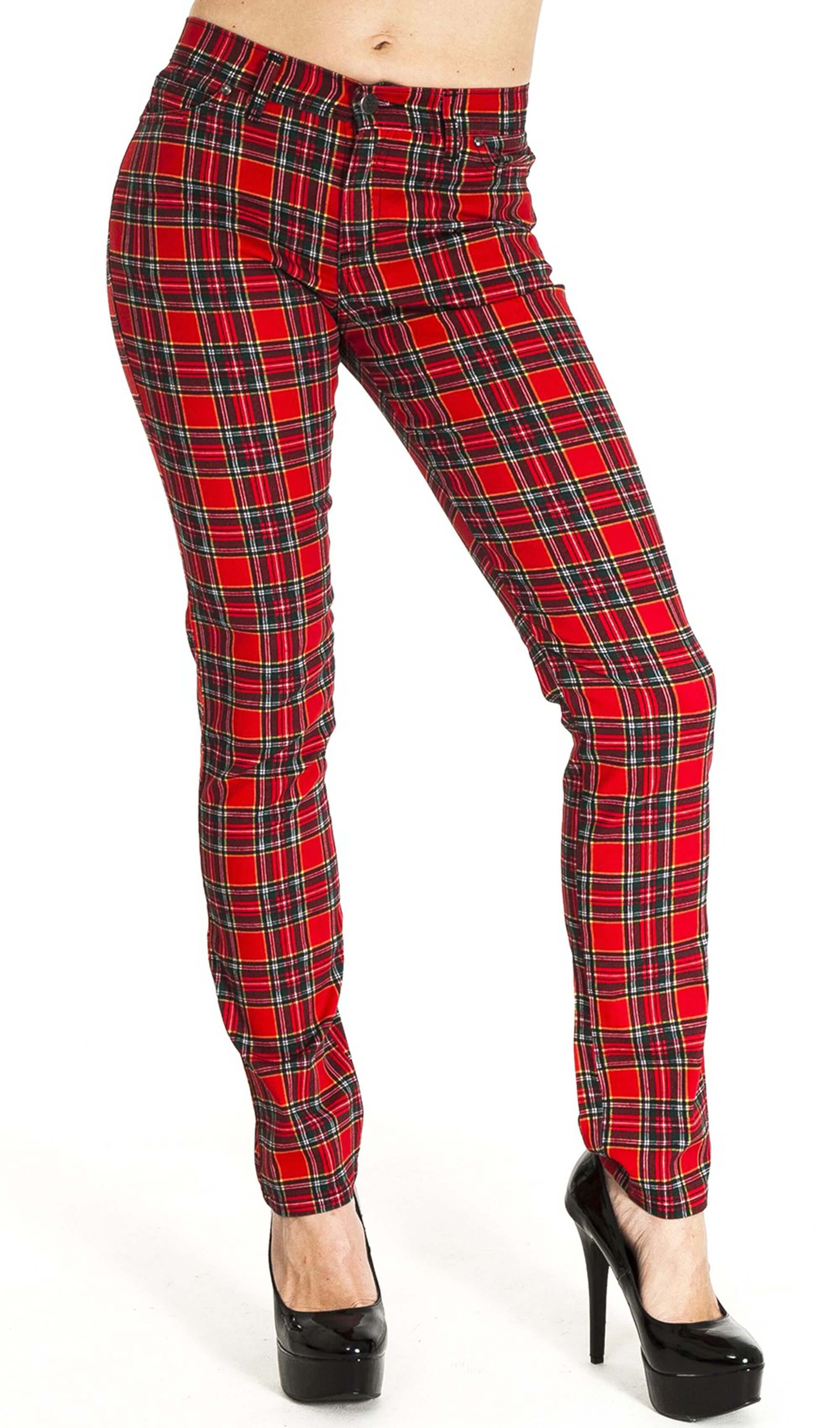 Mid Rise Red Tartan Stretch Skinny Jeans - Image 7