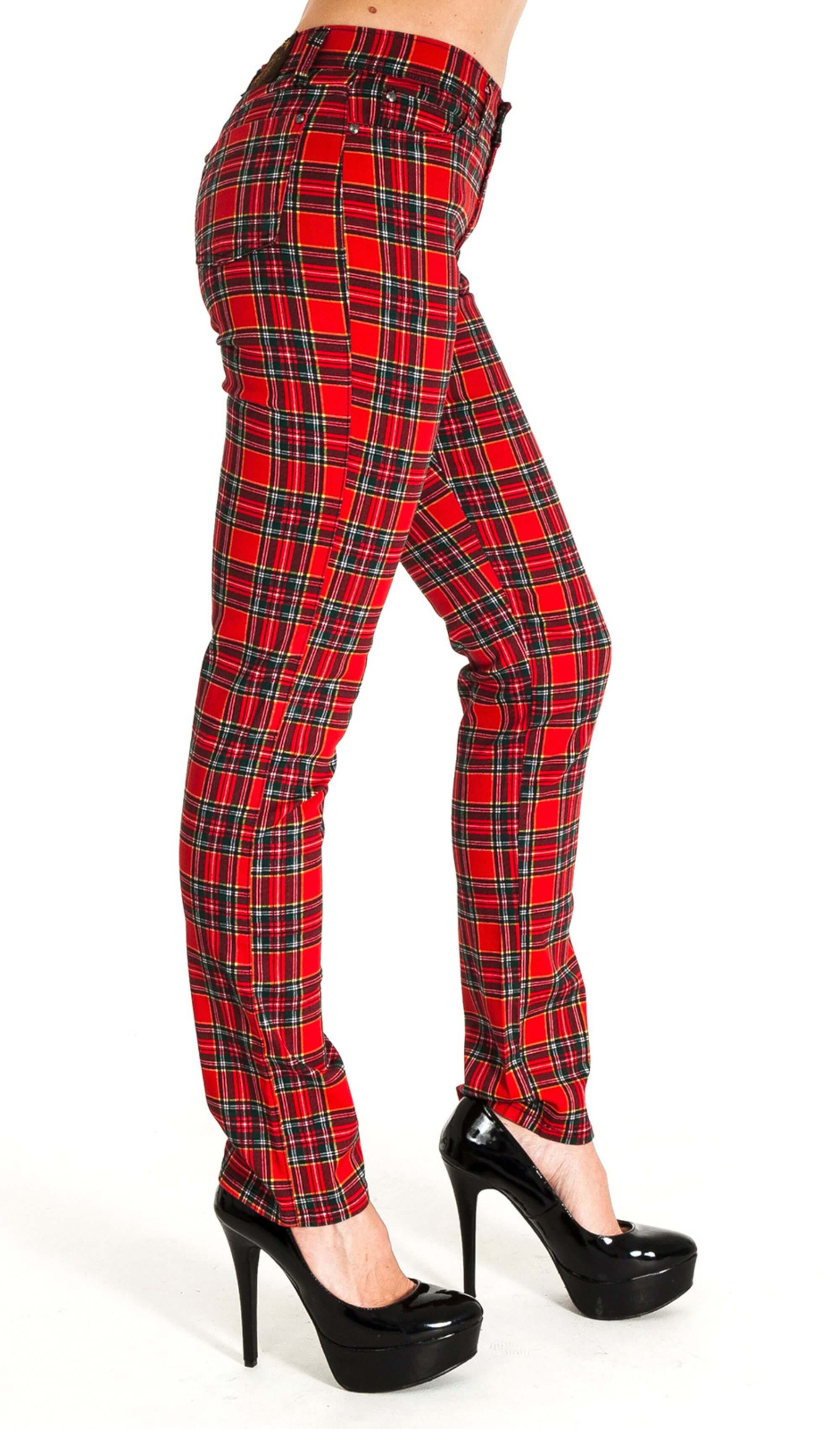 Mid Rise Red Tartan Stretch Skinny Jeans - Image 9