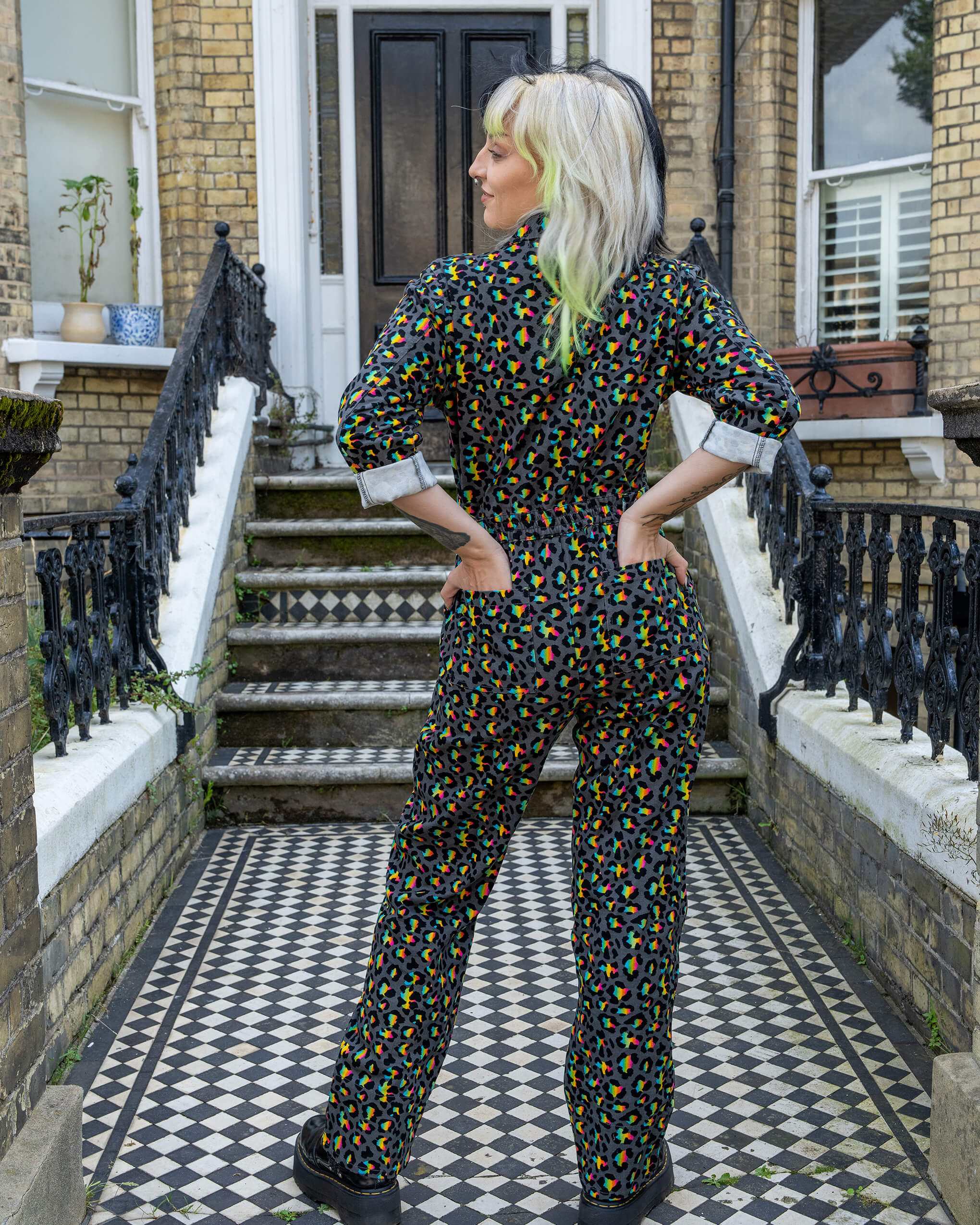 Grey Rainbow Leopard Stretch Twill Boiler Suit - Image 13