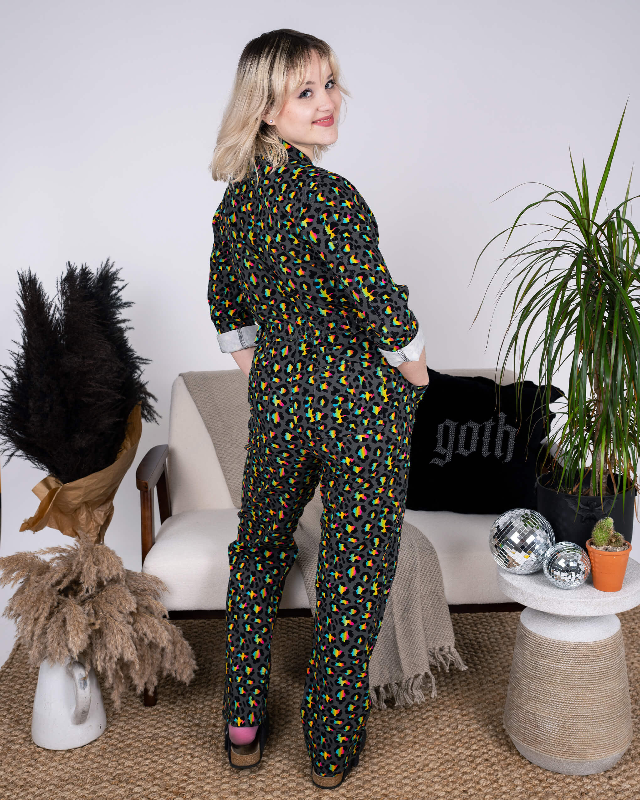 Grey Rainbow Leopard Stretch Twill Boiler Suit - Image 14
