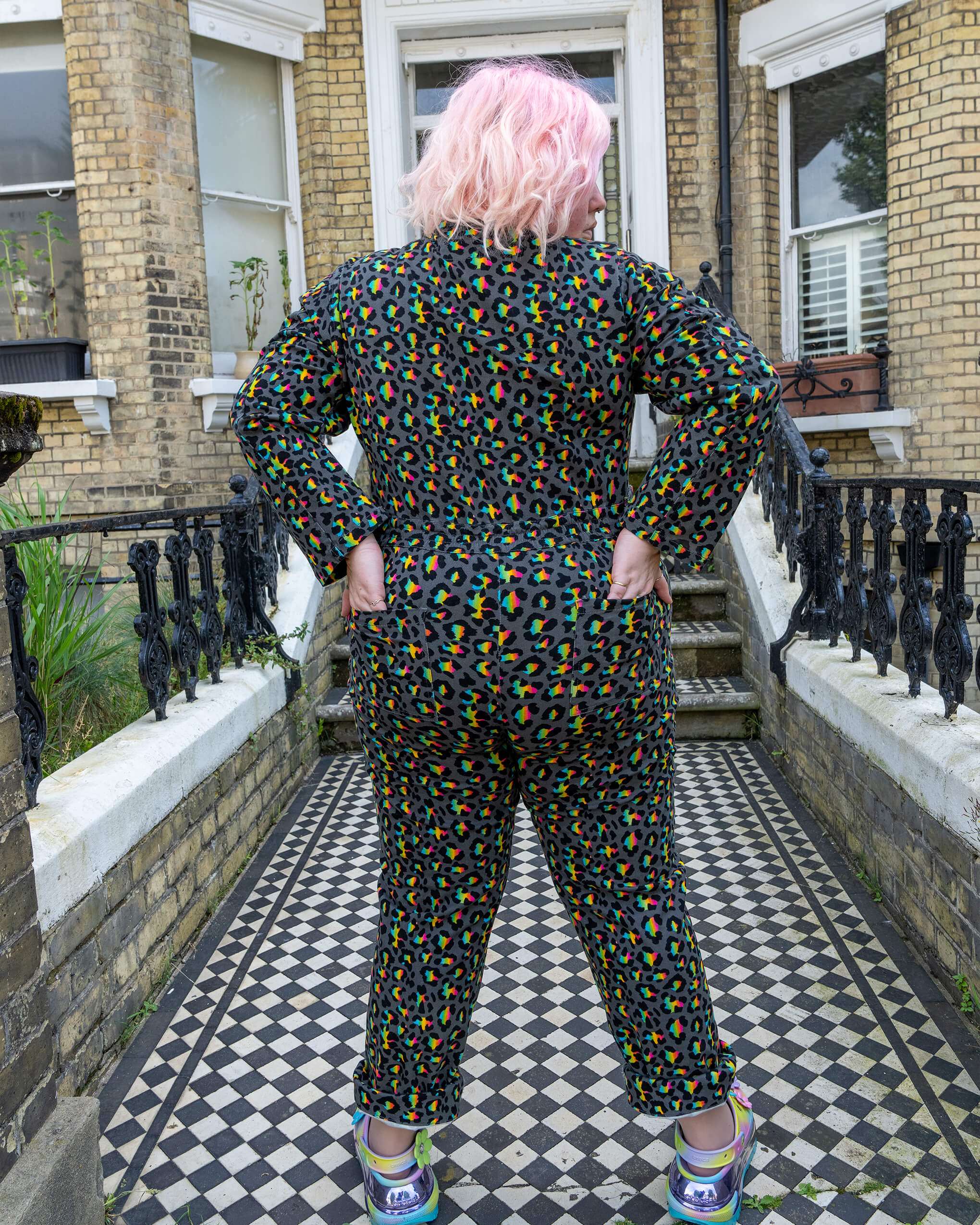 Grey Rainbow Leopard Stretch Twill Boiler Suit - Image 16