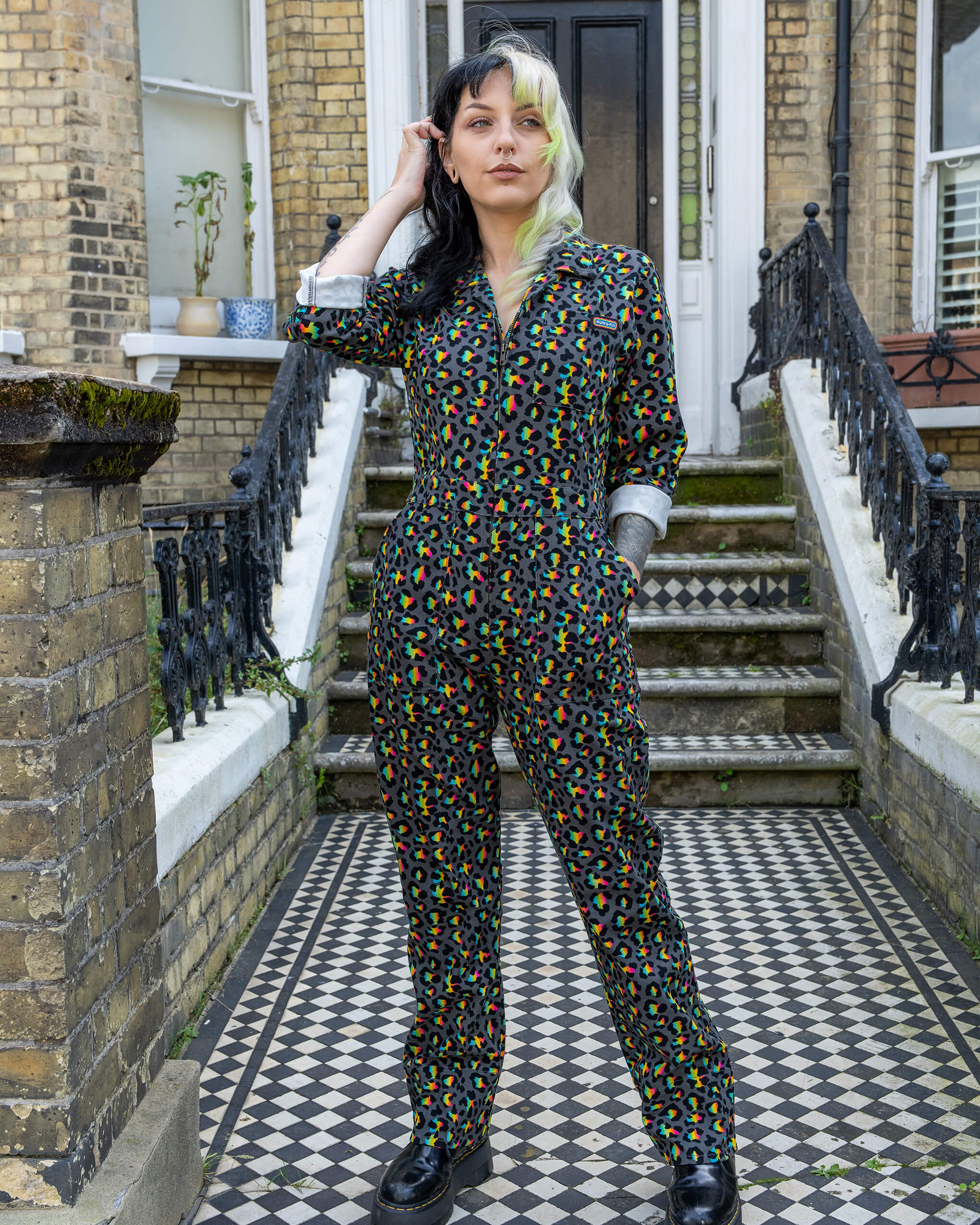 Grey Rainbow Leopard Stretch Twill Boiler Suit - Image 4