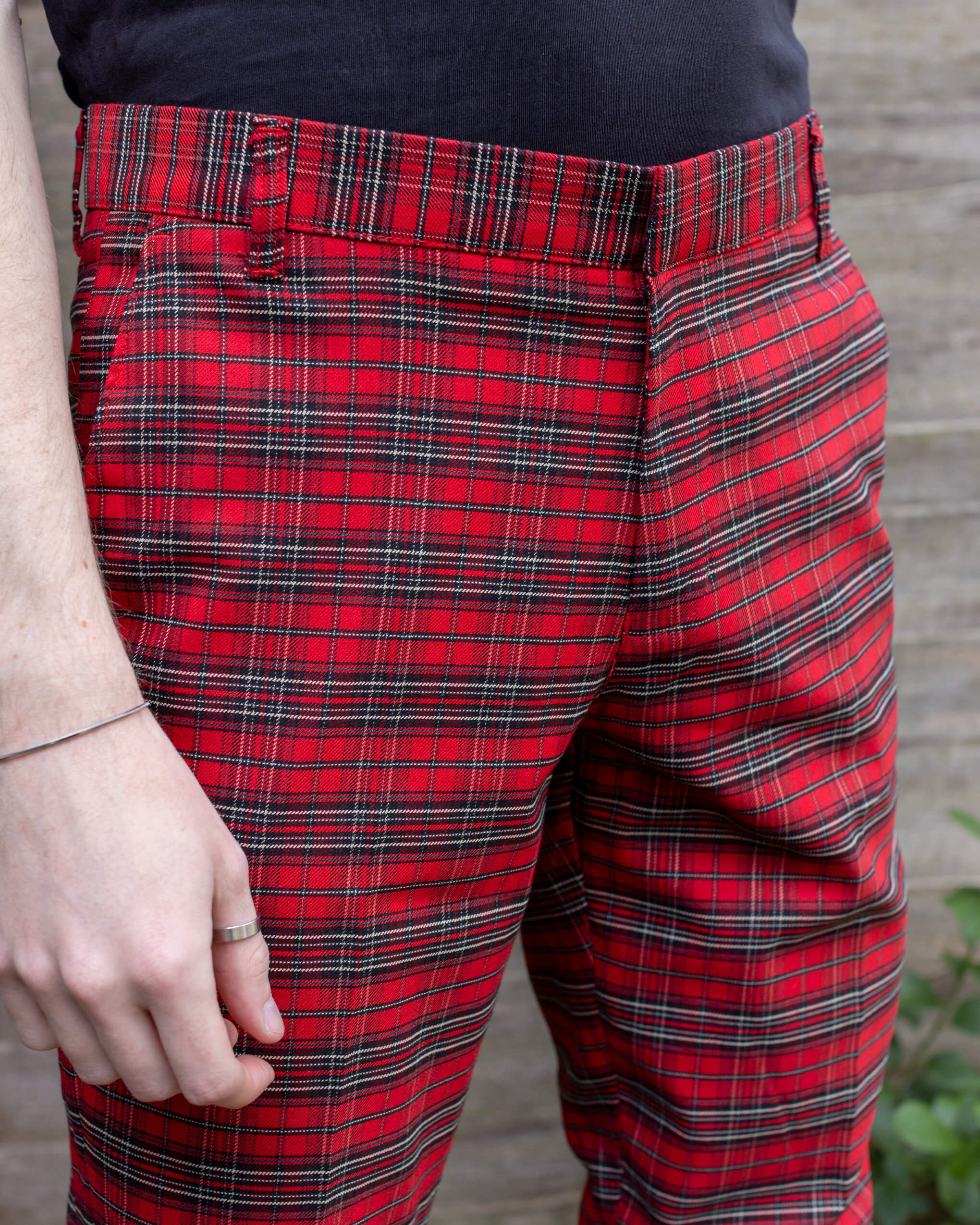 Retro Mod Stretch Red Royal Stewart Tartan Trousers - Image 3