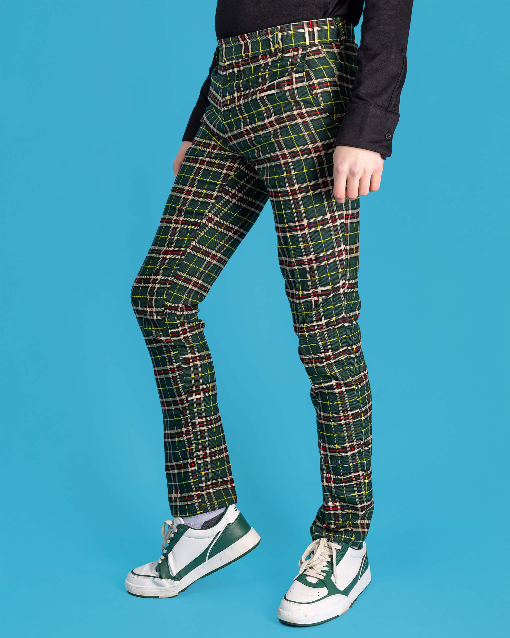 Retro Mod Stretch Plaid Green Tartan Slim Skinny Fitting Trousers - Image 5