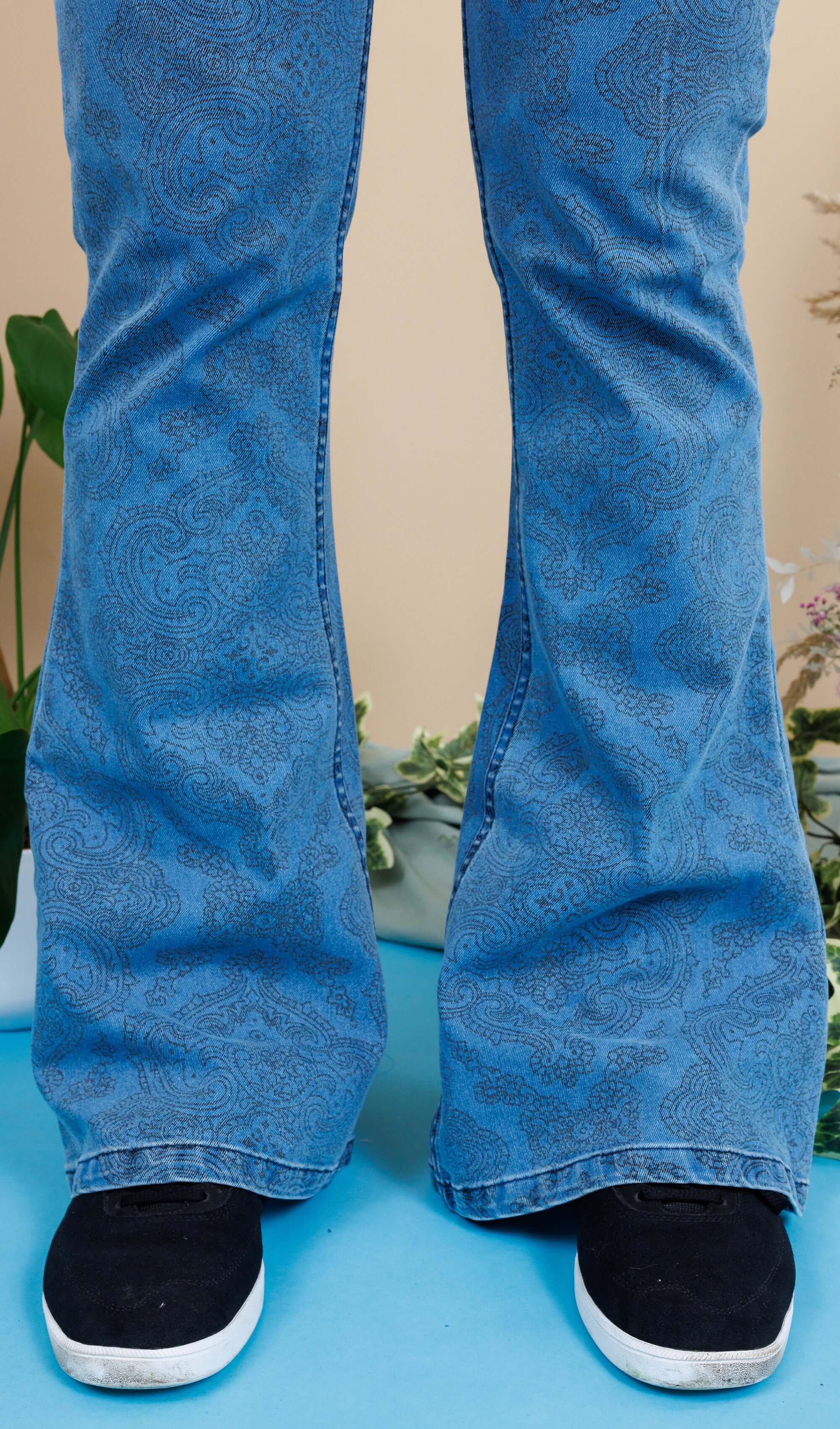 New Fit Retro Stretch Stone Wash Denim Hendrix Paisley Bell Bottom Flares - Image 4