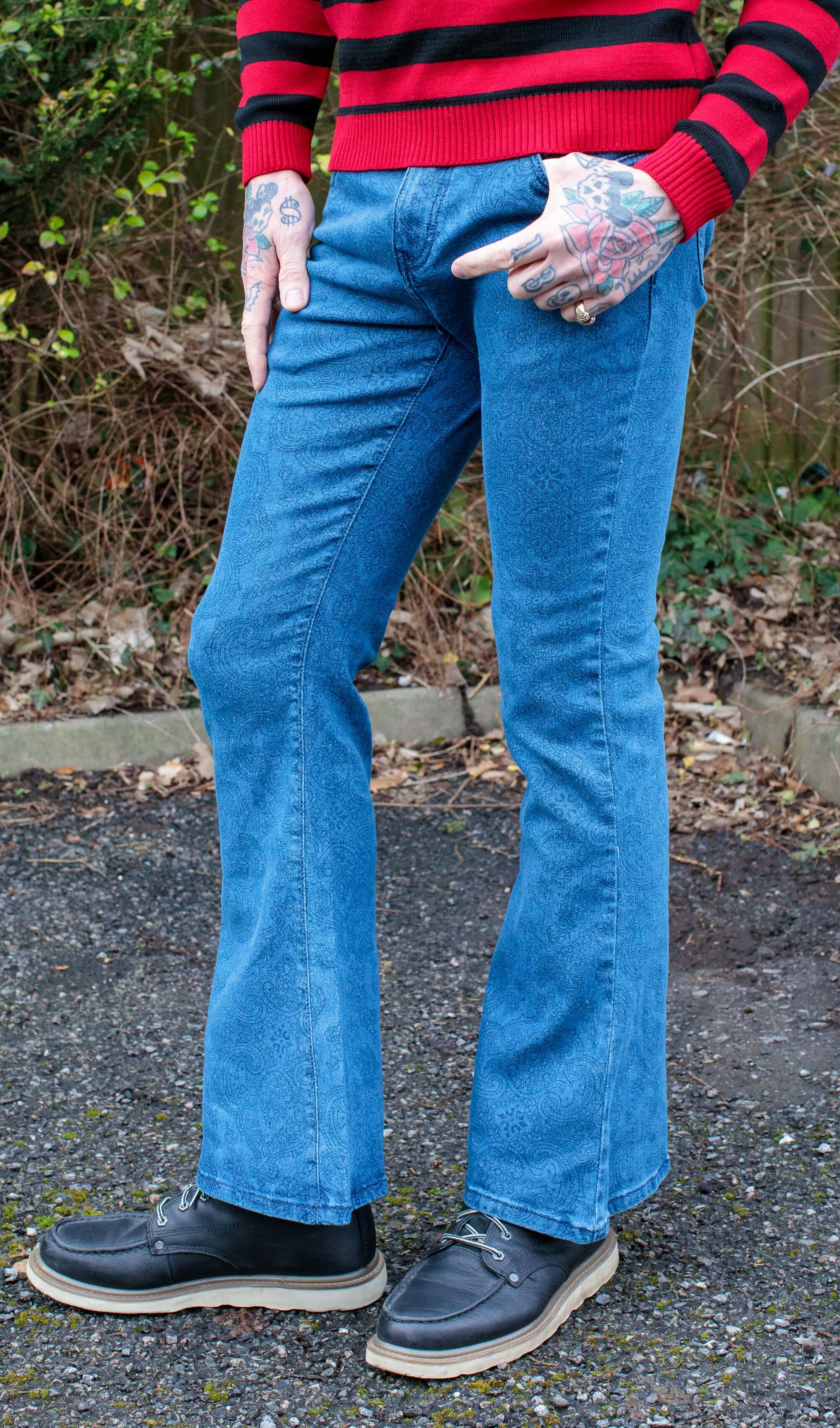 New Fit Retro Stretch Stone Wash Denim Hendrix Paisley Bell Bottom Flares - Image 7