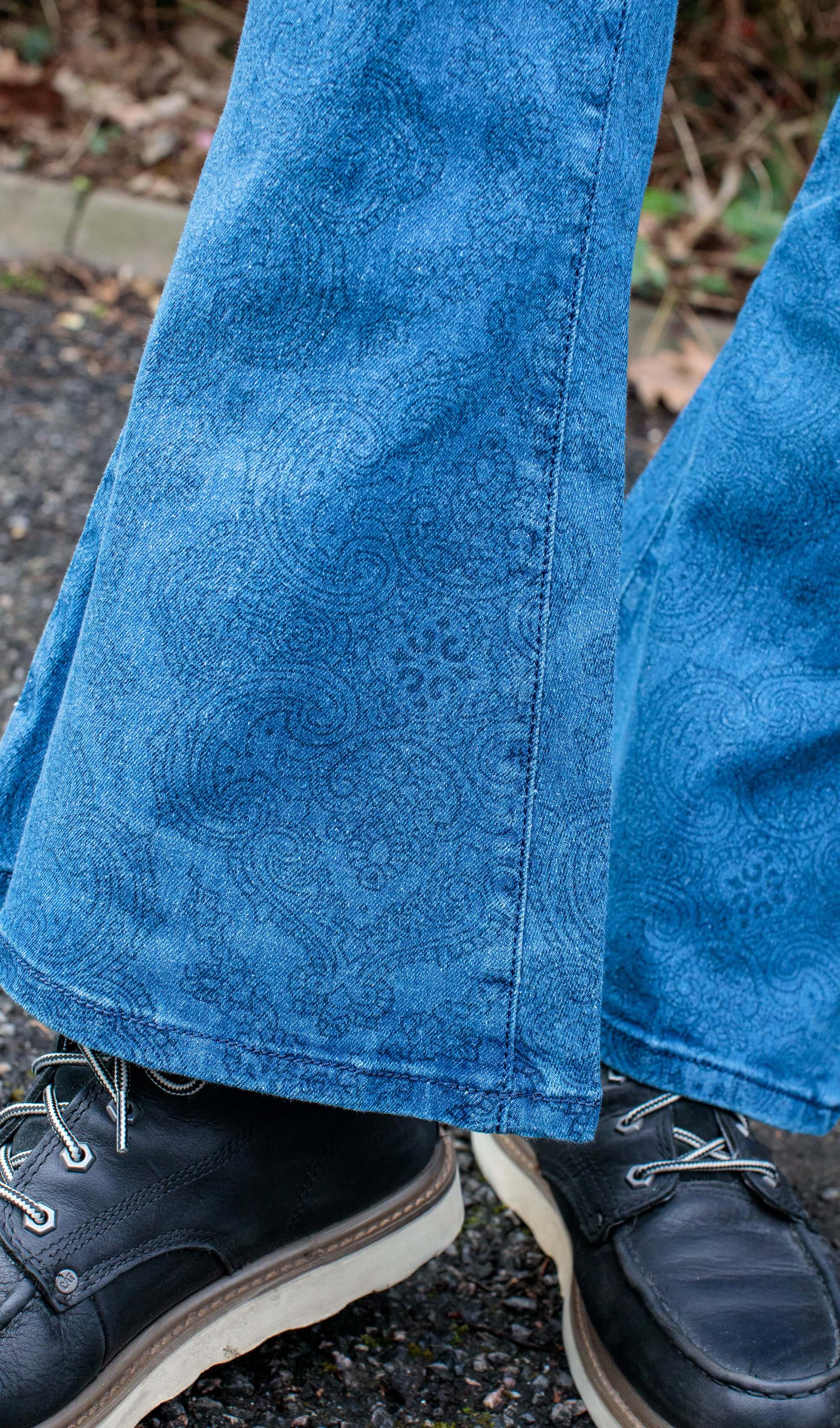 New Fit Retro Stretch Stone Wash Denim Hendrix Paisley Bell Bottom Flares - Image 9