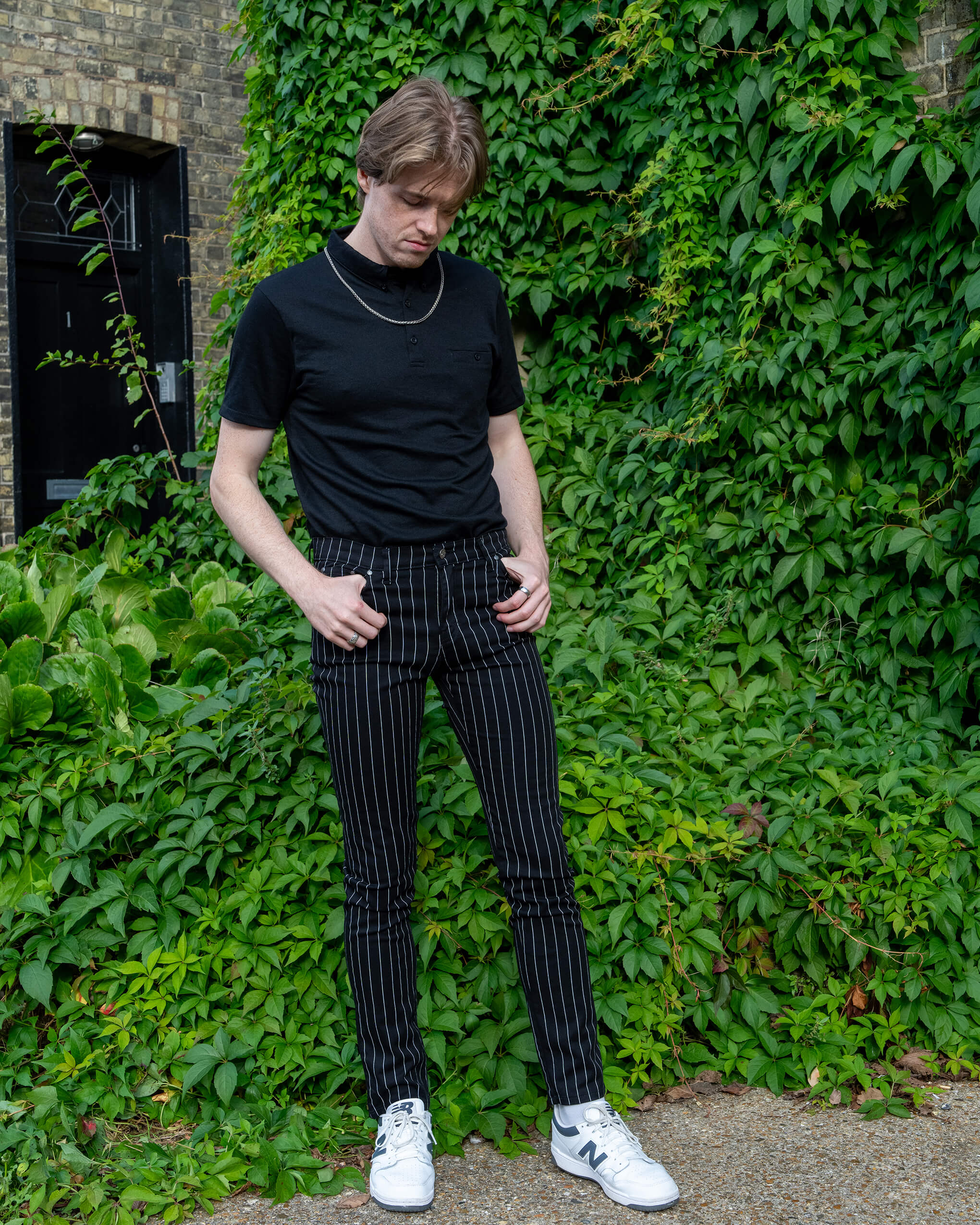 Stretch Black & White Pinstripe Skinny Jeans - Image 3