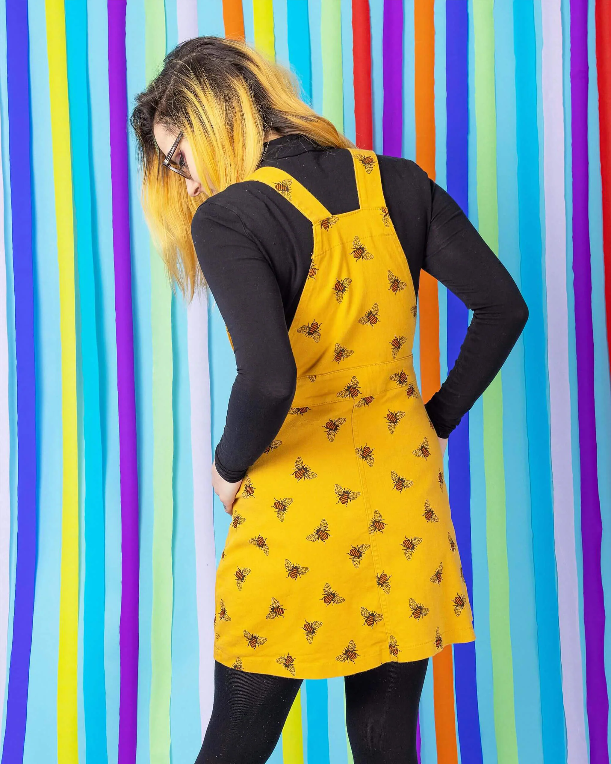 The Bees Knees Bee Print Gold Stretch Twill Pinafore Dress - Image 8