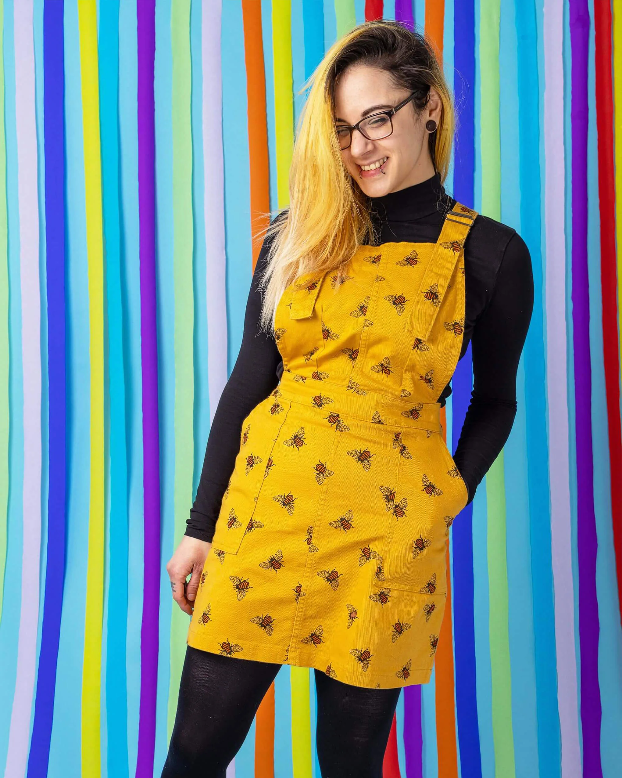 The Bees Knees Bee Print Gold Stretch Twill Pinafore Dress - Image 9