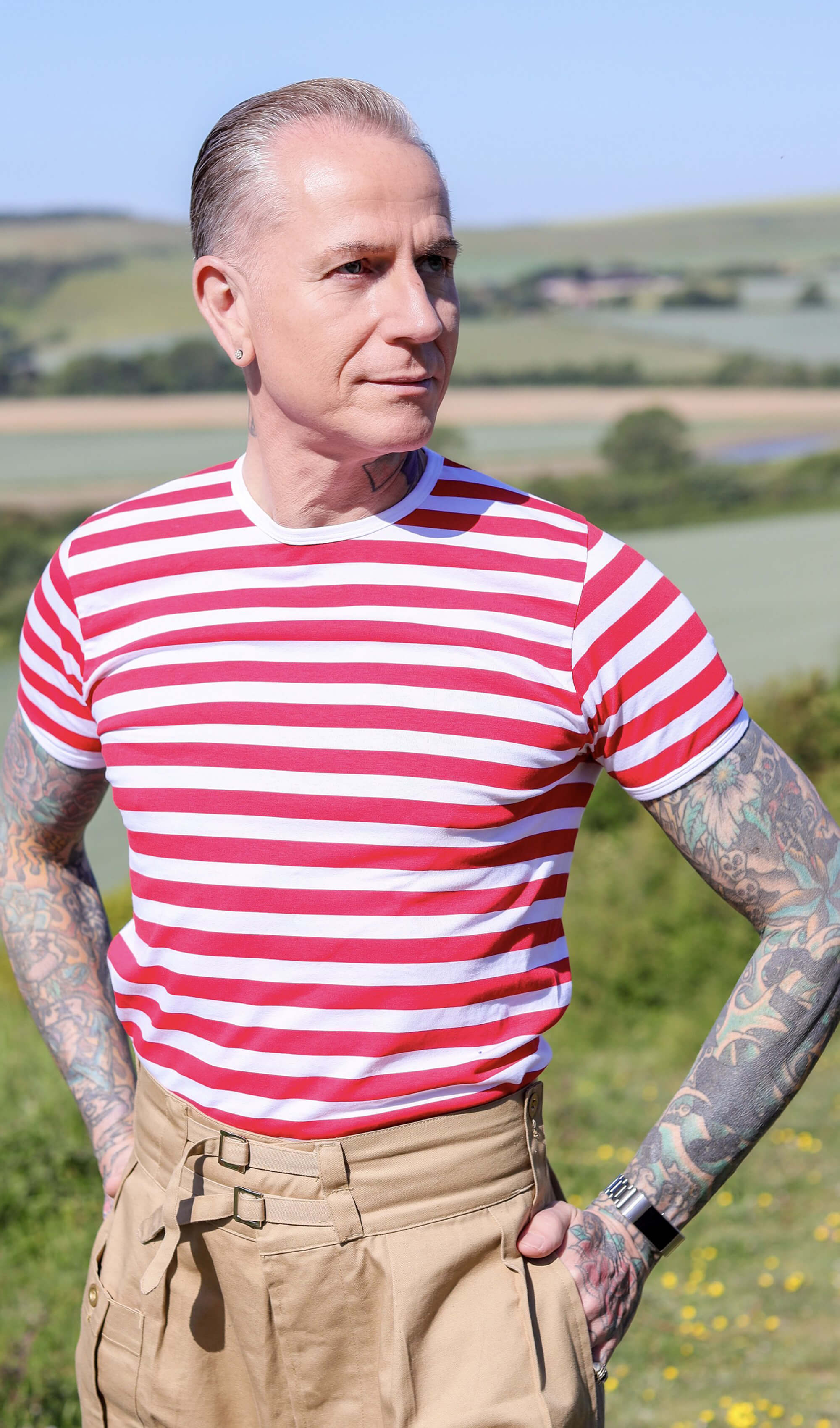 White & Red Stripe Short Sleeve T Shirt - Image 3